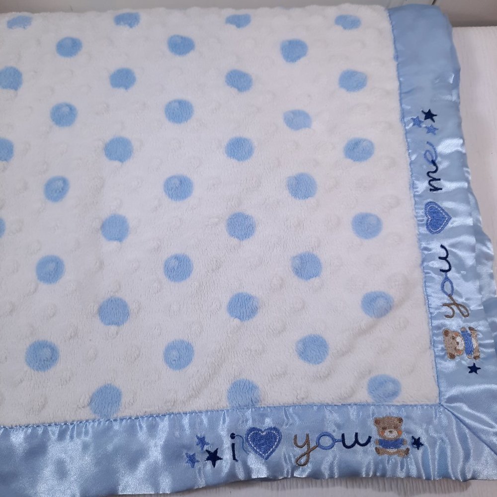 Just Born Baby Blanket Blue Minky Dot Bear I Love You & Me‎ Satin Security Lovey